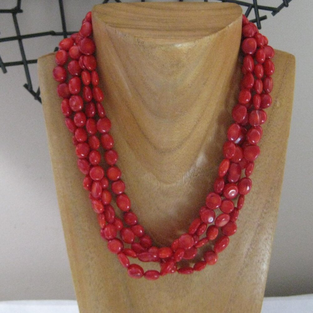 VTG LUC LUCAS LAMETH RED CORAL 4-STRAND NECKLACE w/ STERLING SILVER 925 CLASP